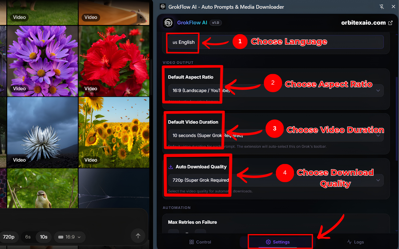 Grok Automation Settings - Aspect ratio, duration, download quality