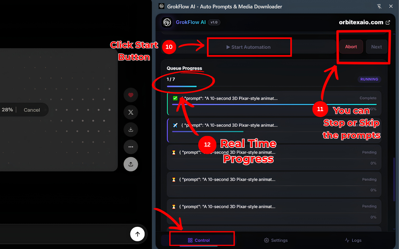 Grok Automation Automation Running - Real-time queue progress