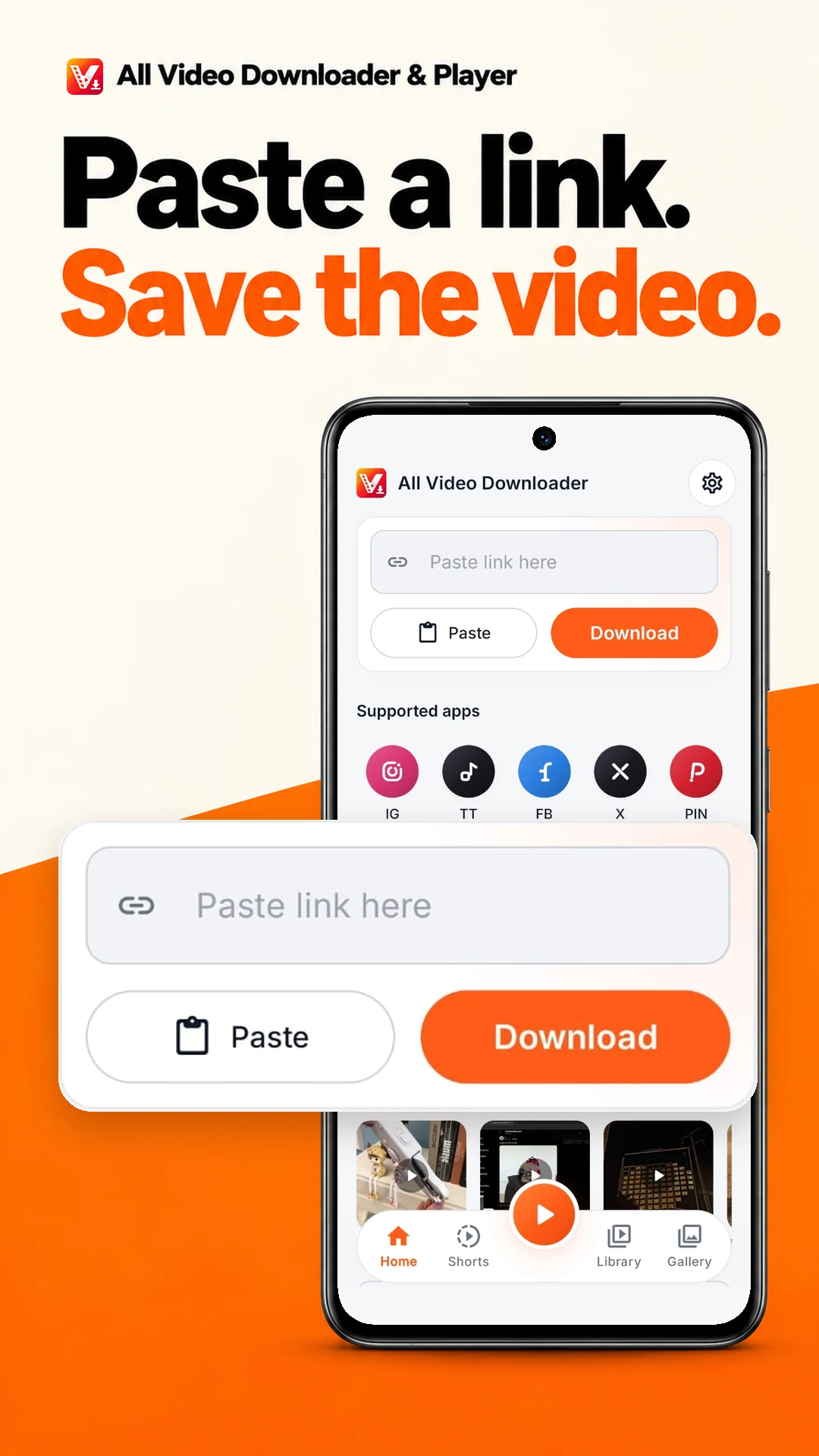 All Video Downloader home and paste-link controls