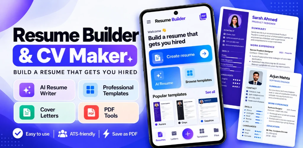 Resume Builder and CV Maker with supplied app screens and resume previews
