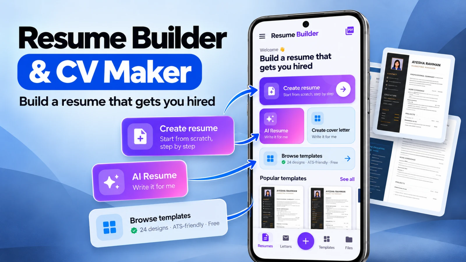 Resume Builder app overview and resume preview