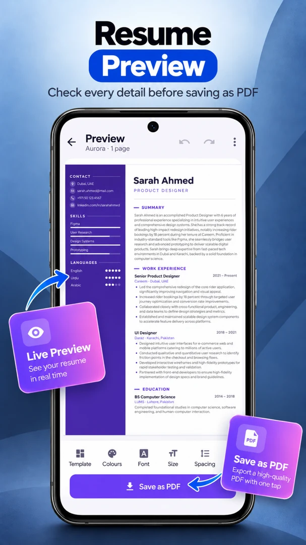 Resume Builder live PDF preview