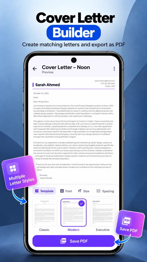 Resume Builder cover letter editor and preview